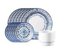 Corelle Servizio da tavola Portofino, 18 pezzi, blu e bianco, per 6 persone, resistente alle scheggiature, include piatti piani da 26 cm, insalata/piatti da contorno da 17 cm e ciotole da