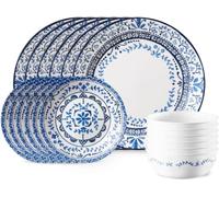 Corelle Servizio da tavola Portofino, 18 pezzi, blu e bianco, per 6 persone, resistente alle scheggiature, include piatti piani da 26 cm, insalata/piatti da contorno da 17 cm e ciotole da