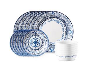Corelle Servizio da tavola Portofino, 18 pezzi, blu e bianco, per 6 persone, resistente alle scheggiature, include piatti piani da 26 cm, insalata/piatti da contorno da 17 cm e ciotole da