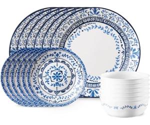 Corelle Servizio da tavola Portofino, 18 pezzi, blu e bianco, per 6 persone, resistente alle scheggiature, include piatti piani da 26 cm, insalata/piatti da contorno da 17 cm e ciotole da