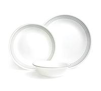Corelle Set di stoviglie (12 pezzi, grigio mistico), set da tavola per 4 persone, include 4 piatti piani, piatti laterali e ciotole, 3 volte più resistenti, metà dello spazio e del peso della ceramica