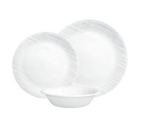 Corelle Set di stoviglie (12 pezzi, tessuto di lino) - Set da tavola per 4 persone, include 4 piatti piani, piatti da contorno e ciotole. 3 volte più resistenti, metà dello spazio e del peso della