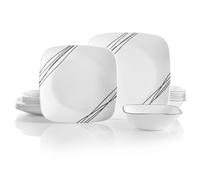 Corelle Vitrelle - Servizio da 18 pezzi per 6 piatti, in vetro a tre strati e infrangibili, piatto quadrato leggero e set di ciotole, semplice schizzo