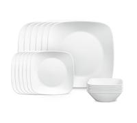 Corelle Vitrelle - Servizio da 18 pezzi per 6 piatti quadrati, triplo strato in vetro e resistente alle scheggiature, set di piatti quadrati leggeri e ciotole, bianco puro