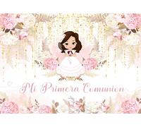 CORFOTO 1.5x1.2m Mi Primera Fondale Comunione Ragazza Prima Comunione Fondali God Bless Fondale Boho Fiore Rosa per Ragazza Sfondo Battesimo Decorazione Festa Banner Forniture