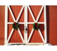 CORFOTO 1.5x1.2m Sfondo fotografico natalizio con porta di fienile rossa Ghirlande di Natale Rustico Fattoria Porta di fienile in legno Sfondo fotografico Fattoria Decorazione per feste Banner