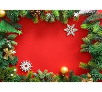 CORFOTO 1.5x1.2m Sfondo natalizio rosso con rami di abete e decorazioni di Capodanno, sfondo fotografico, decorazioni per la casa, cabina fotografica, Buon Natale