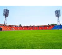 CORFOTO 1.5x1.2m Tessuto per fondale da stadio di calcio, campo in erba verde, sedili rossi e blu, motivo sportivo, decorazione per feste di calcio, compleanno, evento, cabina fotografica