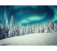 CORFOTO 1.5x1m Sfondo cielo stellato Montagna innevata Incredibile paesaggio invernale Sfondo fotografico Paese delle meraviglie Aurora boreale Pini ghiacciati Foto notturna Decorazioni natalizie