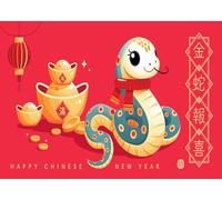 CORFOTO 1.5x1m Sfondo del capodanno cinese Cartone animato cinese Serpente e lingotti Sfondo rosso Serpente dorato porta notizie gioiose Banner di sfondo per feste tradizionali