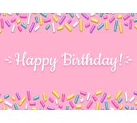 CORFOTO 1.8x1.2m Sfondo di buon compleanno con tema dolce rosa, decorazioni colorate con granelli, forniture per feste di compleanno, banner per photo booth a tema dessert