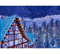 CORFOTO 1.8x1.2m Sfondo di montagna innevata Casa rurale europea a graticcio invernale Paese delle meraviglie della neve Sfondo fotografico Nevicata Notte invernale Decorazione per feste di Natale