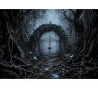 CORFOTO 10x6.5FT (3x2m) Cancello Ferro Foresta Spinosa Sfondo Fotografico | Cancello Nella Nebbia Fondale In Tessuto,Porta Ferro Arco Radici Alberi E,Foto Festa Halloween,Personalizzabile,Photo Booth