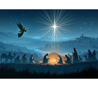 CORFOTO 10x8FT (3x2.5m) Angelo E Corteo Del Presepe Sfondo Fotografico | Stella Celeste Fondale In Tessuto,Angelo Verde Cammelli E Presepe Dorato,Feste Di Natale,Personalizzabile,Photo Booth
