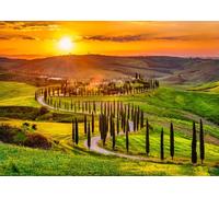 CORFOTO 2.1x1.5m Sfondo paesaggio al tramonto Sfondo fotografico paesaggio tramonto toscano Europa Estate Vista rurale Sfondo Italia Colline Villaggio Sfondo Decorazioni per la casa