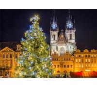 CORFOTO 2.1x1.5m Sfondo per albero di Natale Piazza della Città Vecchia a Praga Notte di Natale invernale Torre della chiesa Sfondo fotografico Accessori per cabina fotografica