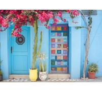 CORFOTO 2.1x1.5m Tessuto Facciata casa blu marocchina porta multicolore buganvillea e cactus in vaso vicolo borgo blu Sfondo fotografico per vacanze turistiche photo booth