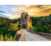 CORFOTO 2.5x1.8m Sfondo di castelli medievali Colori autunnali Tramonto Castello di Burg Eltz Sfondo fotografico Monumenti medievali Sfondo di vecchio castello Sfondo di paesaggio naturale