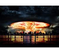 CORFOTO 2.7x1.8m Sfondo fotografico di esplosione nucleare in città, paesaggio urbano notturno in riva al mare, scena di disastro, sfondo fotografico, decorazioni per feste a tema disastro chimico