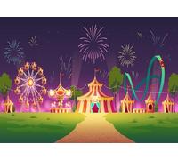 CORFOTO 2.7x1.8m Sfondo per la notte di carnevale, luna park, parco divertimenti, fuochi d'artificio, tendone da circo, sfondo fotografico, decorazioni per compleanni a tema carnevalesco