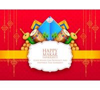 CORFOTO 3.5x2.5m Sfondo Happy Makar Sankranti Sfondo rosso e giallo Motivo aquilone Tamburo di canna da zucchero Decorazione Forniture festive Sankranti Festival tradizionale Photo Booth