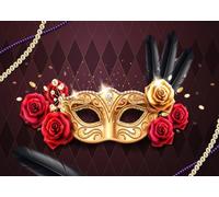 CORFOTO 3.5x2.5m Telaio per maschere di carnevale in tessuto dorato con motivo di rose rosse e piume Sfondo di lusso a tema per feste, eventi e cabine fotografiche