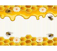 CORFOTO 3.5x2.5m Tessuto per fondale con api e favi di miele che gocciolano, motivo floreale con margherite, sfondo a strisce bianche e gialle, accessorio per cabina fotografica