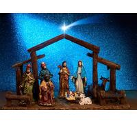 CORFOTO 3.6x2.5m Tessuto presepe completo tre re magi Maria Giuseppe Gesù sfondo blu glitter Natale cristiano sfondo fotografico ritratto