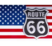 CORFOTO 3x2.5m Patch Route 66 su tessuto con sfondo bandiera americana Segnale stradale ricamato e motivo bandiera USA Sfondo a tema viaggio on the road americano retrò Cabine fotografiche