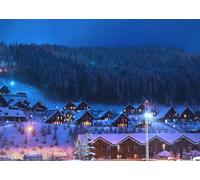 CORFOTO 3x2m Sfondo di paesaggio natalizio Notte invernale Villaggio innevato Sfondo fotografico Casa da favola Paesaggio innevato Decorazioni per feste di Natale