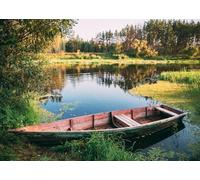CORFOTO 3x2m Sfondo di paesaggio naturale del lago, vecchia barca da pesca in legno a remi, sfondo fotografico, giornata estiva soleggiata, paesaggio europeo, sfondo fotografico di viaggio
