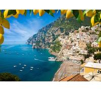 CORFOTO 3x2m Tessuto Borgo di Positano case colorate sulla scogliera mare mediterraneo turchese cornice di limoni freschi in alto decor costa amalfitana Sfondo fotografico per vacanze estive