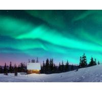 CORFOTO 4.5x2.5m Sfondo Aurora Boreale Verde Cielo Notturno Stellato Inverno Neve Sfondo Fotografico Foresta Casa in Legno Paese delle Meraviglie Invernale Decorazione per Feste di Natale
