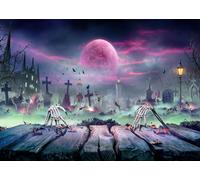 CORFOTO 4.5x2.5m Sfondo di Halloween Zombie che si alza su un tavolo di legno Notti spettrali con luna di sangue Sfondo fotografico Cielo viola Luna Decorazione per feste di Halloween Photo Booth