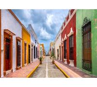 CORFOTO 4.5x2.5m Tessuto per fondale colorato coloniale messicano, motivo della città di Campeche, tema latinoamericano, decorazione per festa del Cinco de Mayo, viaggio, evento, cabina fotografica
