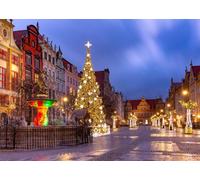 CORFOTO 4.5x3m Polonia Città Vecchia Strada Paesaggio Notturno Sfondo Albero di Natale Decorazione Luminosa Sfondo Fotografico Notte di Natale Ritratto Esterno Photo Booth Props