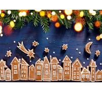 CORFOTO 4.5x3m Sfondo Natalizio Cartone Animato Città di Pan di Zenzero Ramo di Tasso Fresco Elementi Natalizi Sfondo Fotografico Bambini Capodanno Decorazione Festa Photo Booth Props