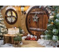 CORFOTO 4.5x3m Sfondo natalizio con grotte degli Hobbit, Casa di Capodanno di uno gnomo, Sfondo fotografico, Decorazioni natalizie retrò, Porta in legno, Decorazioni per feste a tema Hobbit