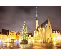 CORFOTO 5.2x3m Piazza centrale di Tallinn Paesaggio notturno Sfondo Municipio Foto Albero di Natale Estonia Paesaggio urbano Fotografia Sfondo Scena di Capodanno Ritratto Studio Photo Booth