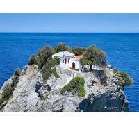 CORFOTO 5.2x3m Tessuto Piccola chiesa bianca su rupe bandiera greca mare blu intenso Sfondo costa ellenica sfondo fotografico per viaggio turistico photo booth