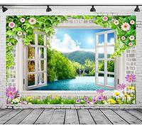 CORFOTO 5x3ft Finestra in tessuto con vista sulle montagne, sullo sfondo, fiori, finestra, natura, cascata, paesaggio, fotografia, sfondo per bambini, bambini, baby shower, compleanno, festa
