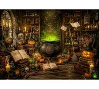 CORFOTO 5x5FT Tessuto Calderone Magico Verde in Antica Biblioteca Sfondo | Mistico Magico Verde in Antica Sfondo Festa Magia Halloween Decorazioni Festa Banner Photo Booth Props Personalizzabile