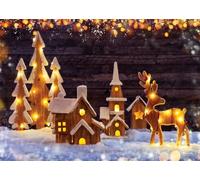 CORFOTO 6x3m Sfondo invernale innevato Modello di chiesa in legno Sfondo fotografico a tema natalizio Tavola di legno marrone scuro Luce gialla calda sulla neve Decorazione per feste di Natale