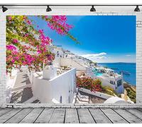 CORFOTO 7x5ft Sfondo in tessuto blu mare isola di Santorini Grecia architettura bianca Oia Luxury Resort sfondo fotografico per decorazioni per feste Mamma Mia festa di compleanno greca