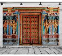 CORFOTO 7x5ft Tessuto colorato India Tanjore Tempio Porta Sfondo Vecchia India Religione Edificio Sfondo fotografico per decorazioni di compleanno indiane Adulti Foto Prop Festa a tema indiano