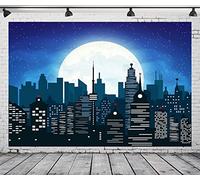 CORFOTO 8x6ft Sfondo di Super City dei cartoni animati per forniture per feste a tema città di supereroi Sfondo di città Banner di compleanno Fondali di edifici di città di notte di luna urbana
