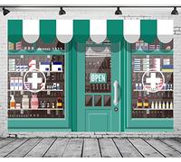 CORFOTO 8x6ft Tessuto facciata negozio farmacia sfondo vetrina negozio edificio sfondo vari medicinali sullo scaffale decorazioni farmacia festa a tema sfondo servizio fotografico