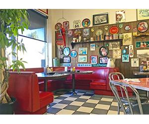CORFOTO 8x6ft Tessuto Retro American Restaurant Backdrop American Fame Wall Backdrop Classico 50s Eatery Drammatico Area di gioco Decor Bambino Compleanno Backdrop Adulti Ritratto Studio Props