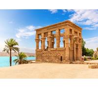 CORFOTO Paesaggio Tempio di File Egitto con Chiosco di Traiano Architettura Antica Palme Fiume Nilo Cielo Blu Tema 3.5x2.5m Sfondo Poliestere per Fotografia