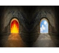 CORFOTO Sfondo Doppio Arco Fantasy con Sinistra Inferno Fiammeggiante Destra Paradiso Cielo Blu Contrasto Tema Scelta Entrata Caverna Mistica 1.5x1.2m Poliestere per Fotografia